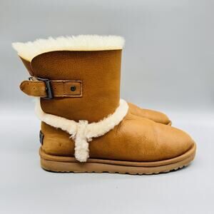 UGG Boots Womens 9 Brown Leather Mid Calf Shearling Buckle Fur Trim Winter Shoes